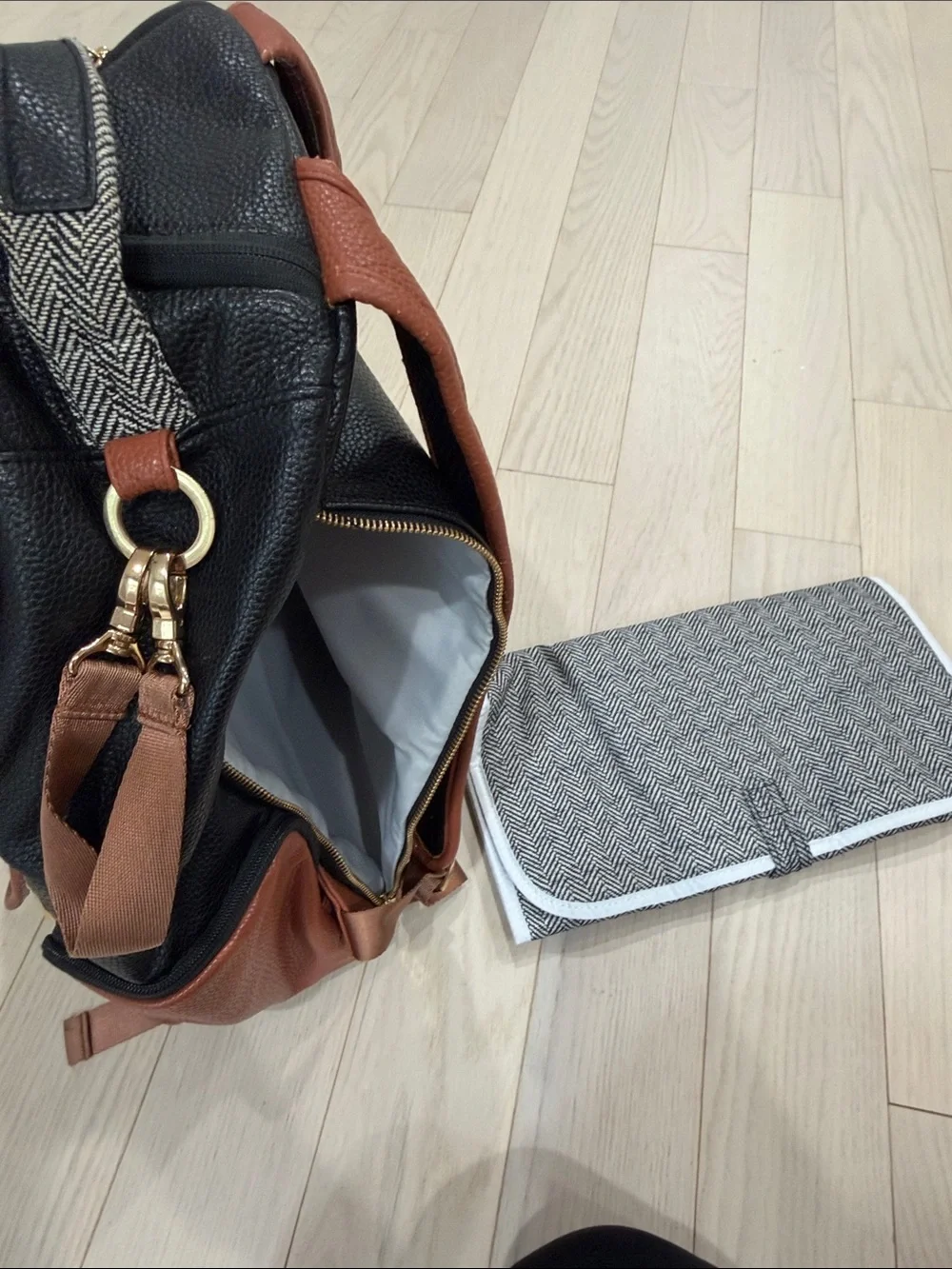 Itzy Ritzy Black, White & Brown Herringbone Diaper Backpack
